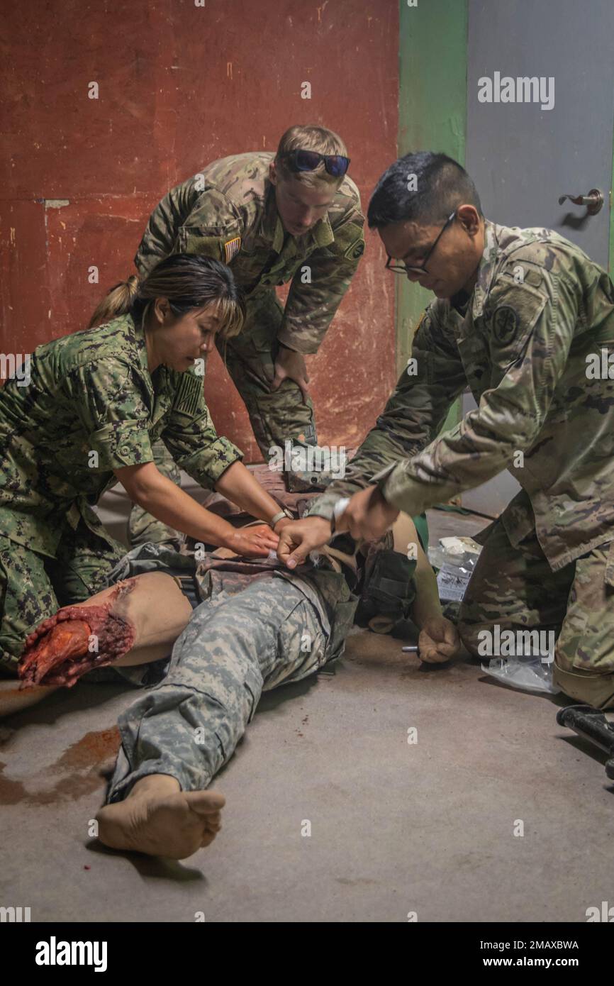 I membri del servizio degli Stati Uniti conducono la formazione medica durante un'esercitazione congiunta di medicina di emergenza a Fort Hood, Texas, il 6 giugno 2022. La formazione è stata realizzata dal 06-10 giugno 2022 presso il centro di formazione di simulazione medica di Fort Hood per tutti i laureati residenti in medicina d'emergenza e di famiglia Tri-Service e numerosi specialisti del lavoro medico presso il Carl R. Darnall Army Medical Center, Stati Uniti Comando sanitario regionale dell'esercito-Centrale, Stati Uniti Comando medico dell'esercito e III corpo armato. Foto Stock