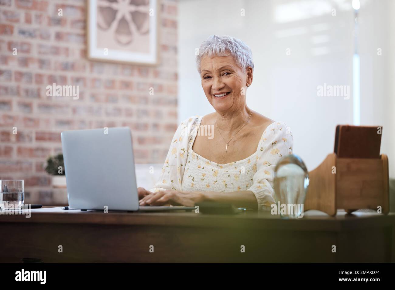 Chi ha detto che è necessario stabilirsi a 70. donna anziana che usa un notebook a casa. Foto Stock