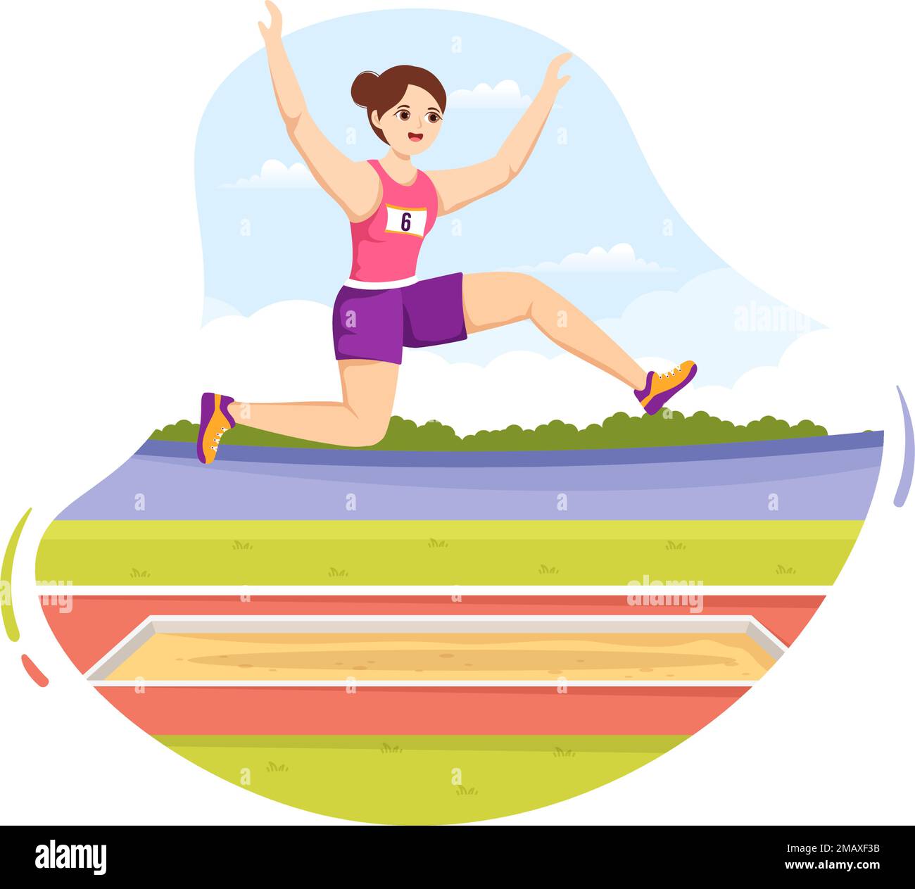 Long Jump Illustration con atleta fare salti in sabbia Pit per banner Web o Landing Page in Campionato sportivo Flat Cartoon modelli disegnati a mano Illustrazione Vettoriale