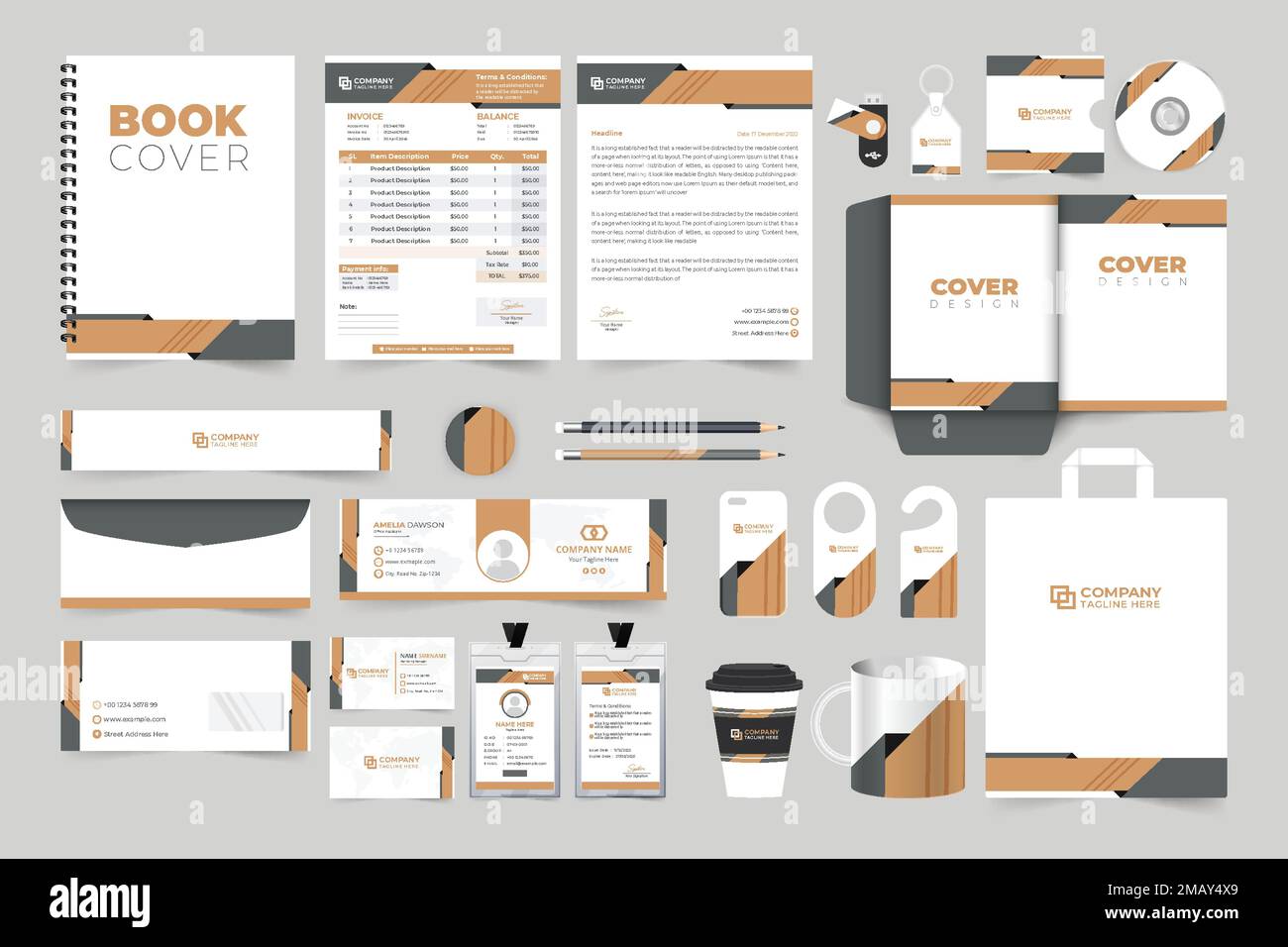 Collezione di modelli per l'identità del marchio aziendale con colori scuri e caffè. Moderno business promozionale banner web e design set di cancelleria. Azienda br Illustrazione Vettoriale