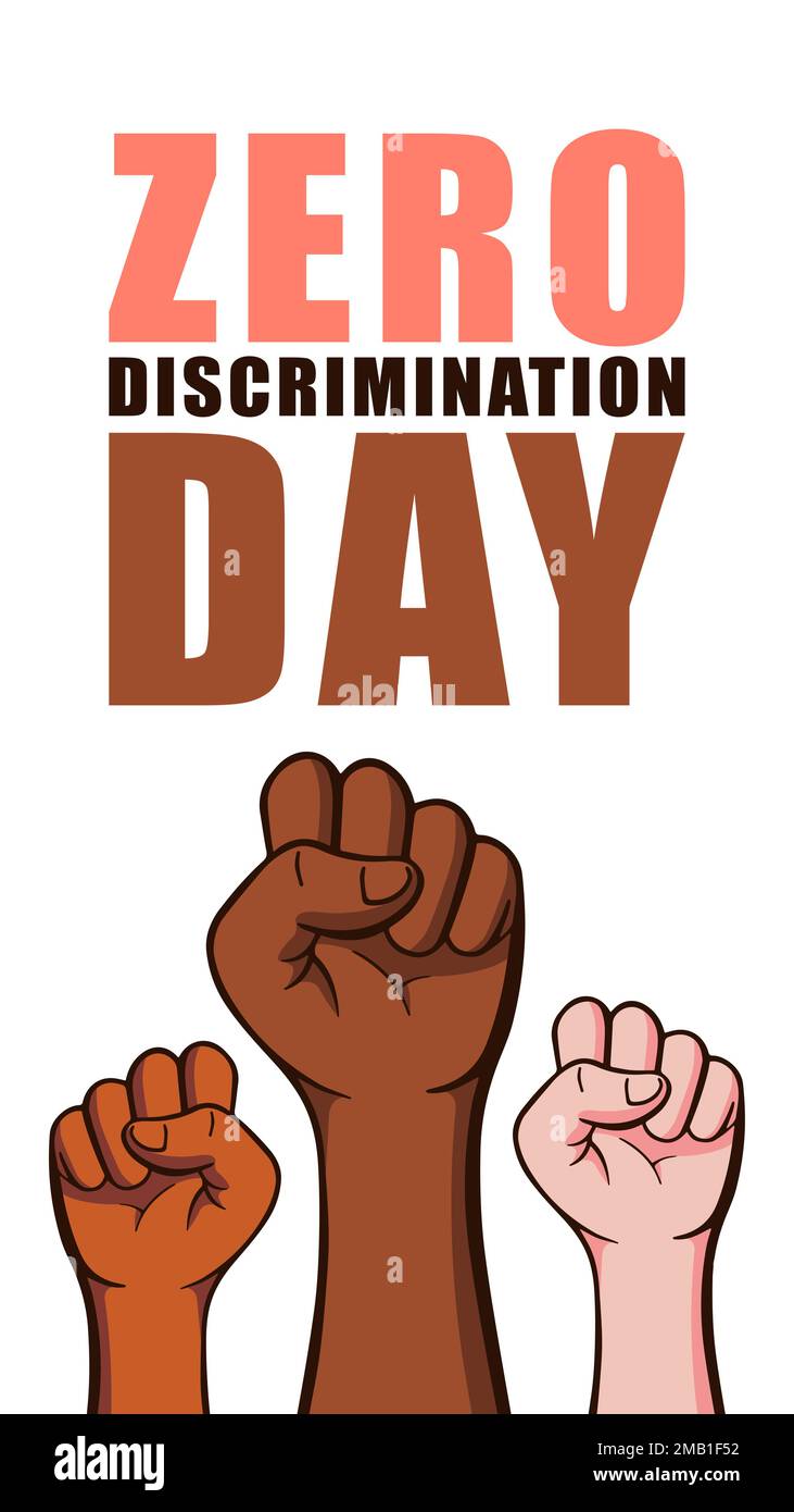 Zero Discrimination Day 1 marzo. Pugni di mani di diversi gruppi di persone in diversi colori vettore illustrazione isolata su sfondo bianco. Illustrazione Vettoriale