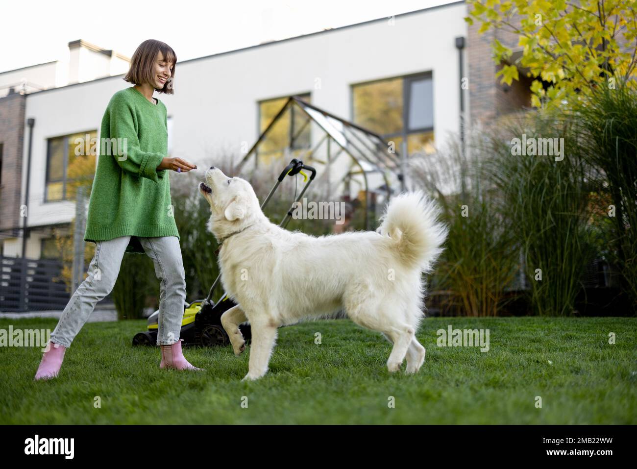 La donna gioca con il suo cane sul cortile mentre fa giardinaggio Foto Stock