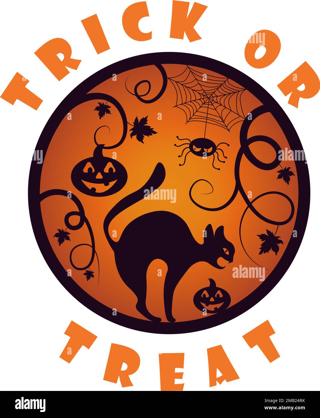 Illustrazione autunnale con la tipografia nera del gatto e del ragno sullo sfondo del gradiente per la decorazione di Halloween Illustrazione Vettoriale