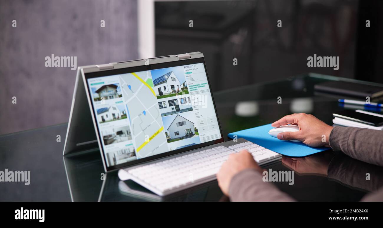 Ricerca in linea della proprietà immobiliare ed elenco di fotoricettore Foto Stock