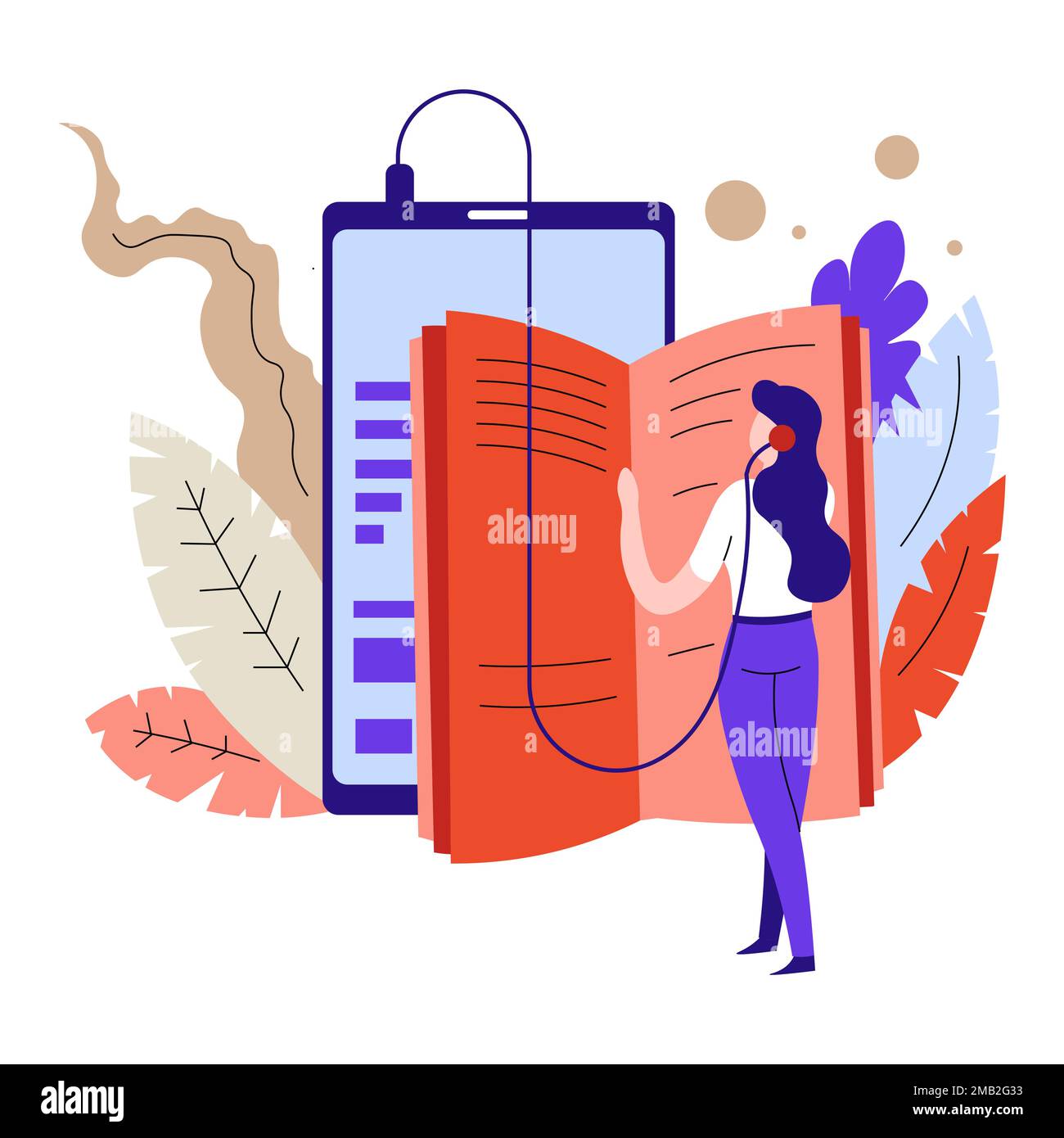 Libri audio o libri di testo che ascoltano formazione online e l'apprendimento a distanza donna vettore in cuffie o auricolari studiare libreria Internet tablet o de Illustrazione Vettoriale