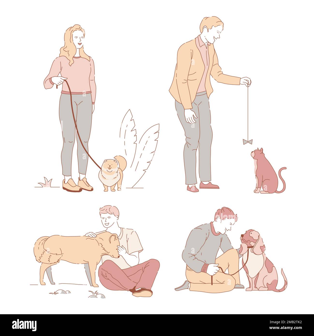 Persone con proprietari di animali domestici e cani o gatto a piedi al guinzaglio nel parco Illustrazione Vettoriale