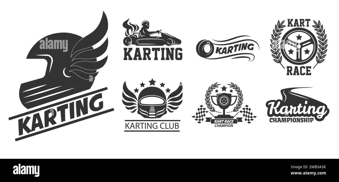 Karting sport estremo guida icone isolate casco con ali Illustrazione Vettoriale