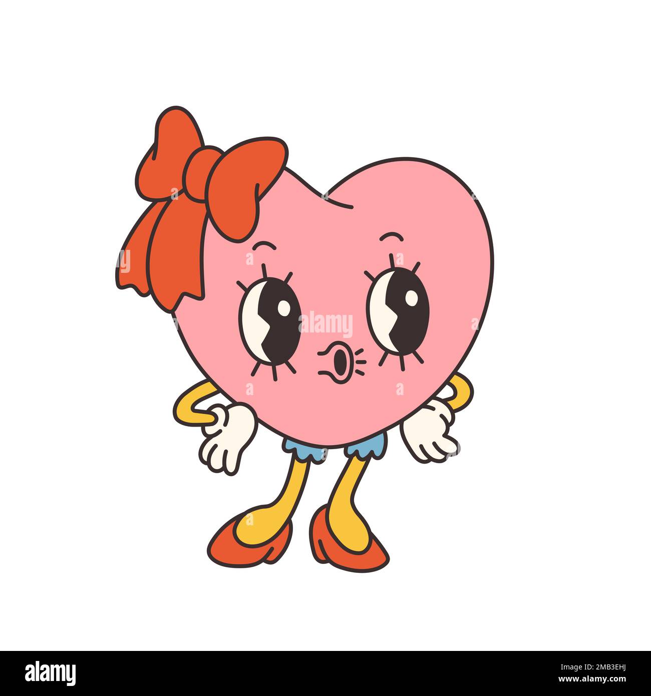 Illustrazione trendy del giorno di San Valentino grovy del cuore. Giorno di San Valentino in stile cartoon retrò. 70s 60s vettore estetico vintage. Illustrazione Vettoriale