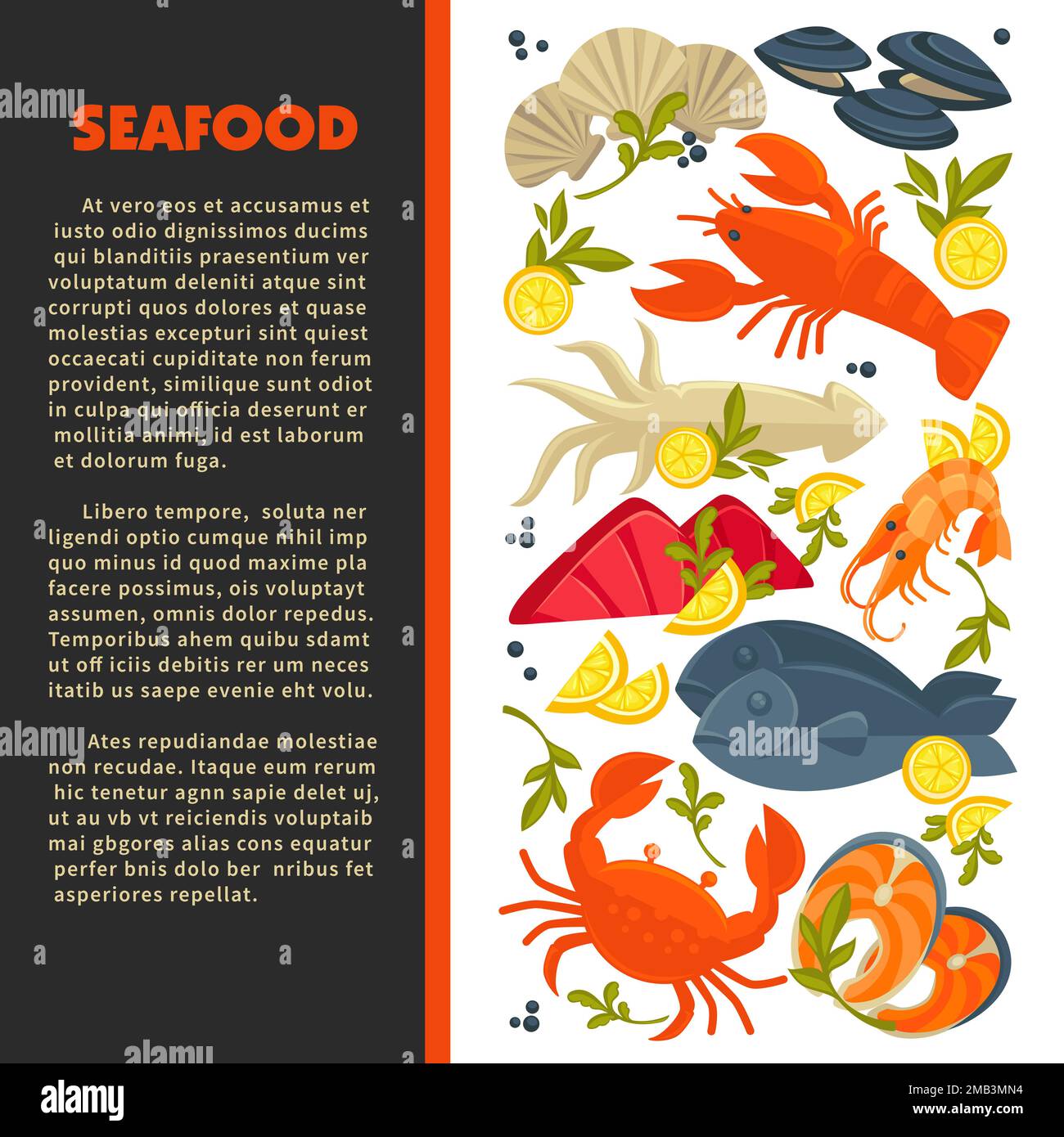 Menu di pesce, pesce e aragosta granchio e gamberi o gamberi Illustrazione Vettoriale