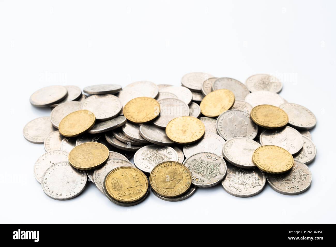 Un sacco di vecchie monete dalla Spagna. Pesetas spagnole dal tempo del re Juan Carlos I. Foto Stock