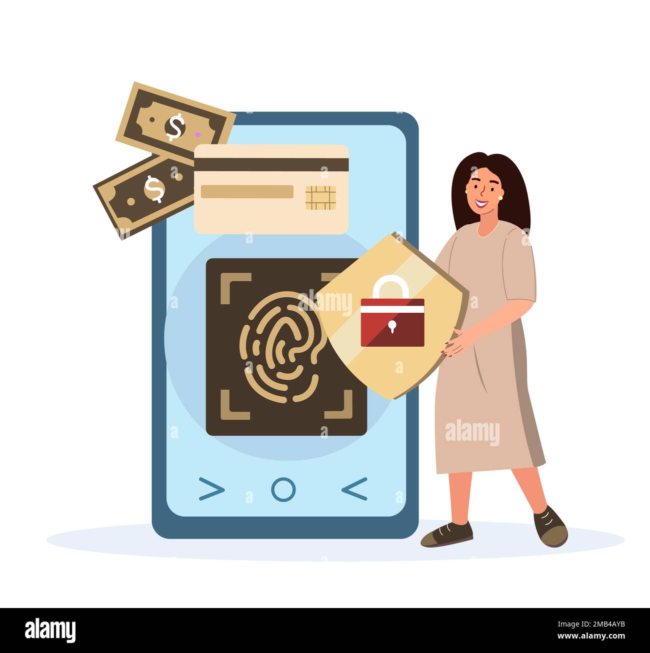 Pagamento online, portafoglio digitale, protezione sicura dei dati.controllo della carta di credito e software per l'accesso riservato.Business Character at Cellphone , Finger P Foto Stock