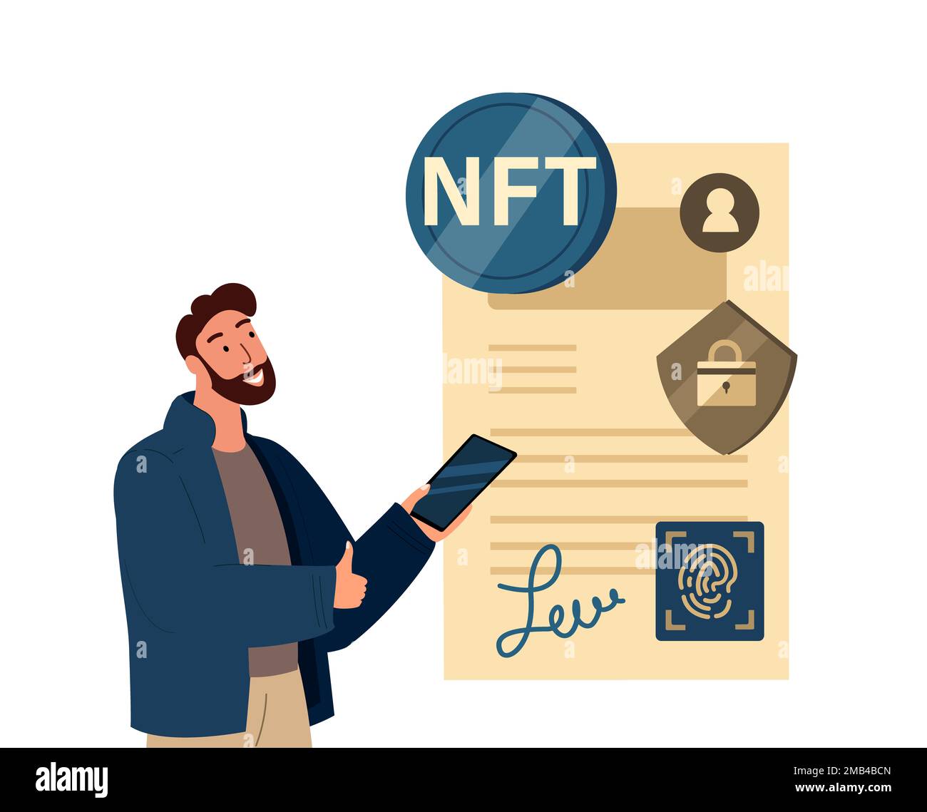 NFT, token non-fungibile concept.Man creare Smart Contract, Blockchain Execution.Cryptocurrency Bitcoin, Internet online concept.Business personaggio con S Foto Stock