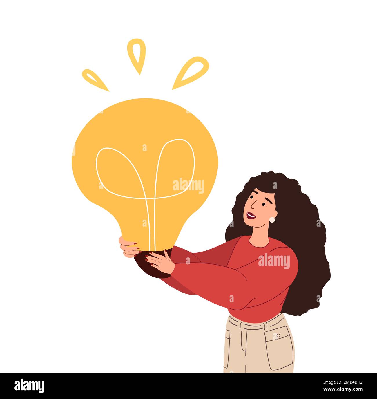 Business idea concept.Slauging dipendente con lightbulb.Creative donna trovare soluzione, risposta al lavoro con bulb.Happy manager e innovation.FLA Foto Stock