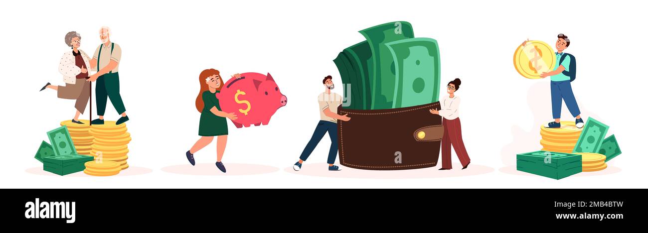 Accumulazione di finanza,concetto di ricchezza finanziaria,accumulazione di soldi,risparmio di pensione,pensionamento ricco.insieme dei banner,gente con soldi,Passiv degli anziani Foto Stock