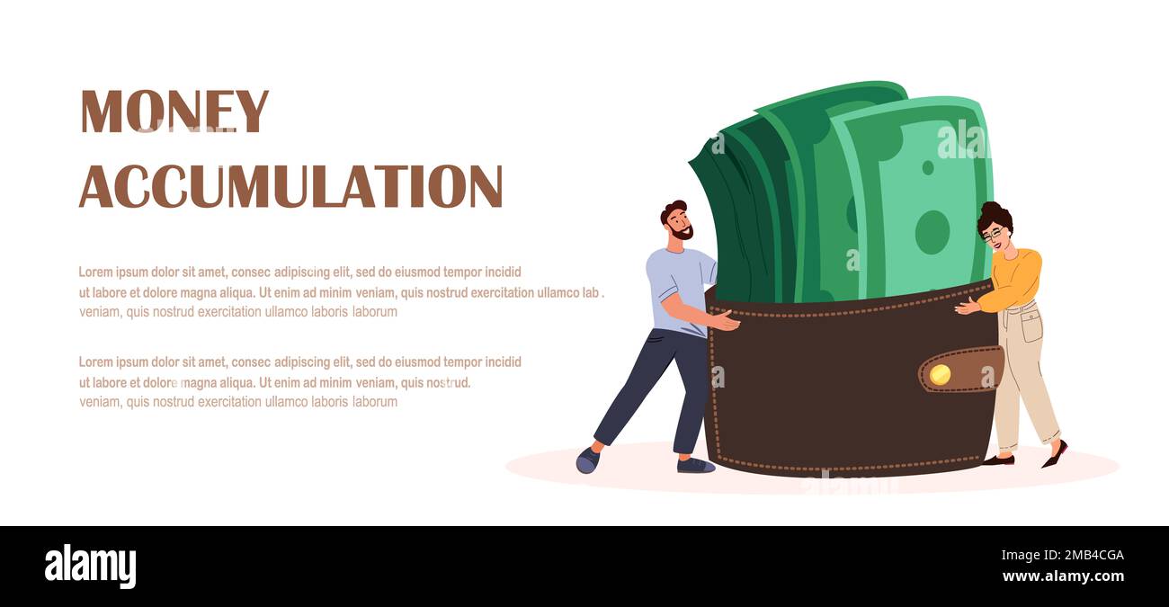 Landing Page Template.Happy giovane donna, personaggi uomo tenere enorme portafoglio con soldi, Green Bills, Note. Ricchezza finanziaria, accumulazione di soldi.ricco, Joyf Foto Stock