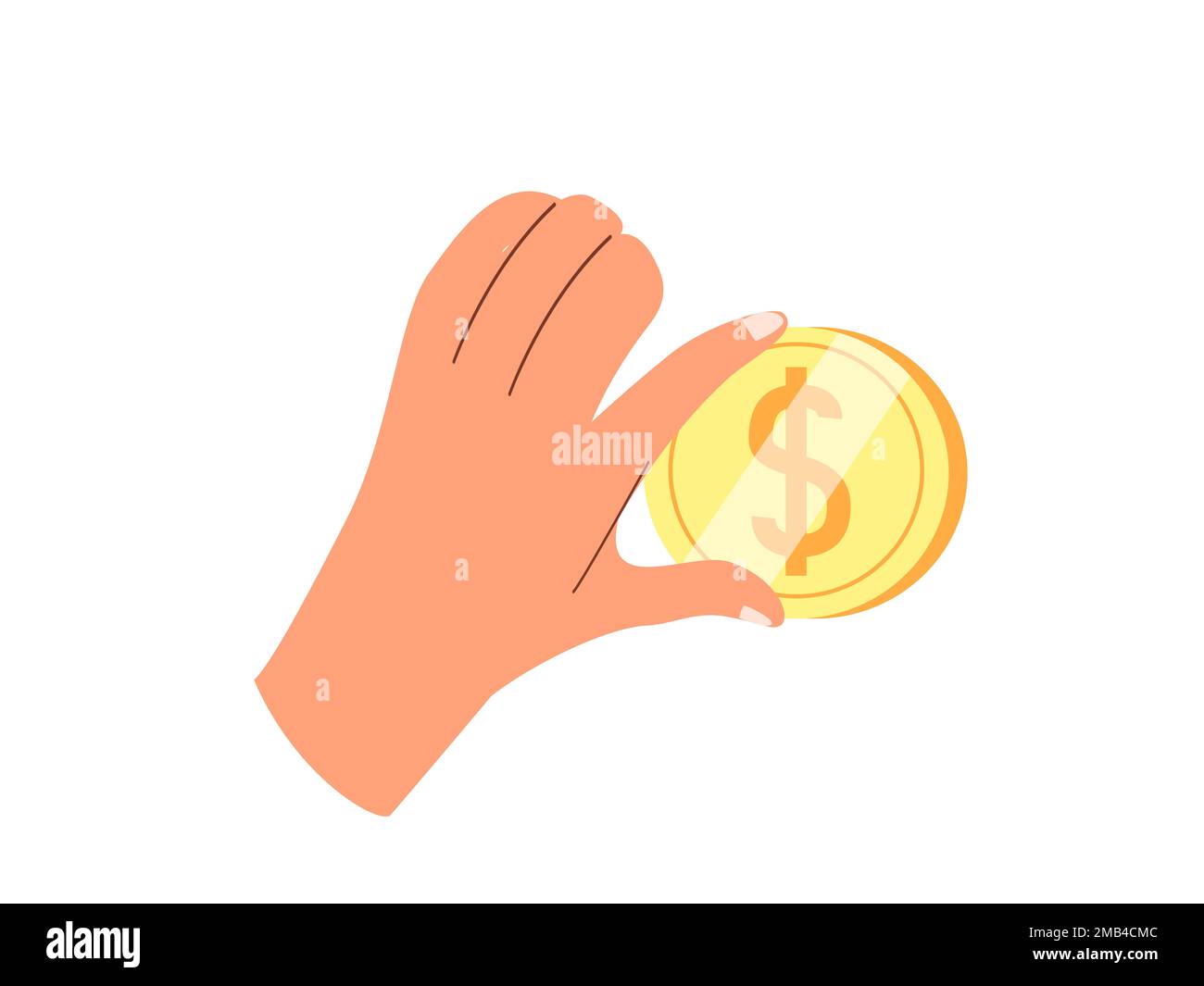 Moneta con le dita. Mano che tiene denaro contante, dollaro centesimo, gesturing OK. Bonus e benefit finanziari, rimborso, aiuto, donazione e concetto di beneficenza. Piatto Foto Stock