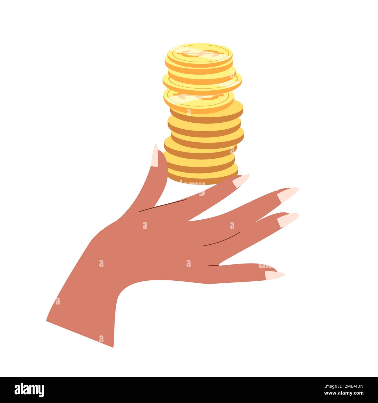 Pila di monete d'oro in fingers.Hand tenendo denaro contante, dollaro oro centesimo.Finanza bonus e benefici, cashback, aiuto, donazione e beneficenza concept.FLA Foto Stock