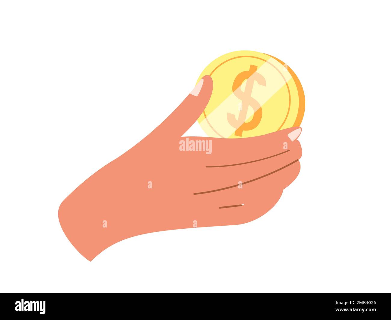 Mano holding Gold Dollar Coin.Fingers tenere denaro contante, dollaro centesimo bonus e benefici finanziari, cashback, aiuto, donazione e concetto di carità. Piatto Foto Stock