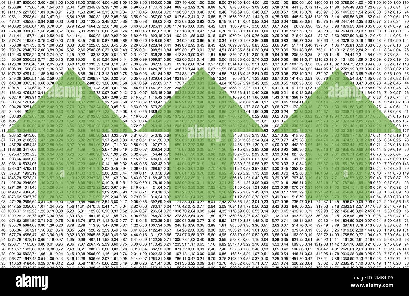 Fogli di calcolo di dati complessi con frecce verdi che puntano verso l'alto per indicare un positivo slancio delle vendite e un utile Foto Stock