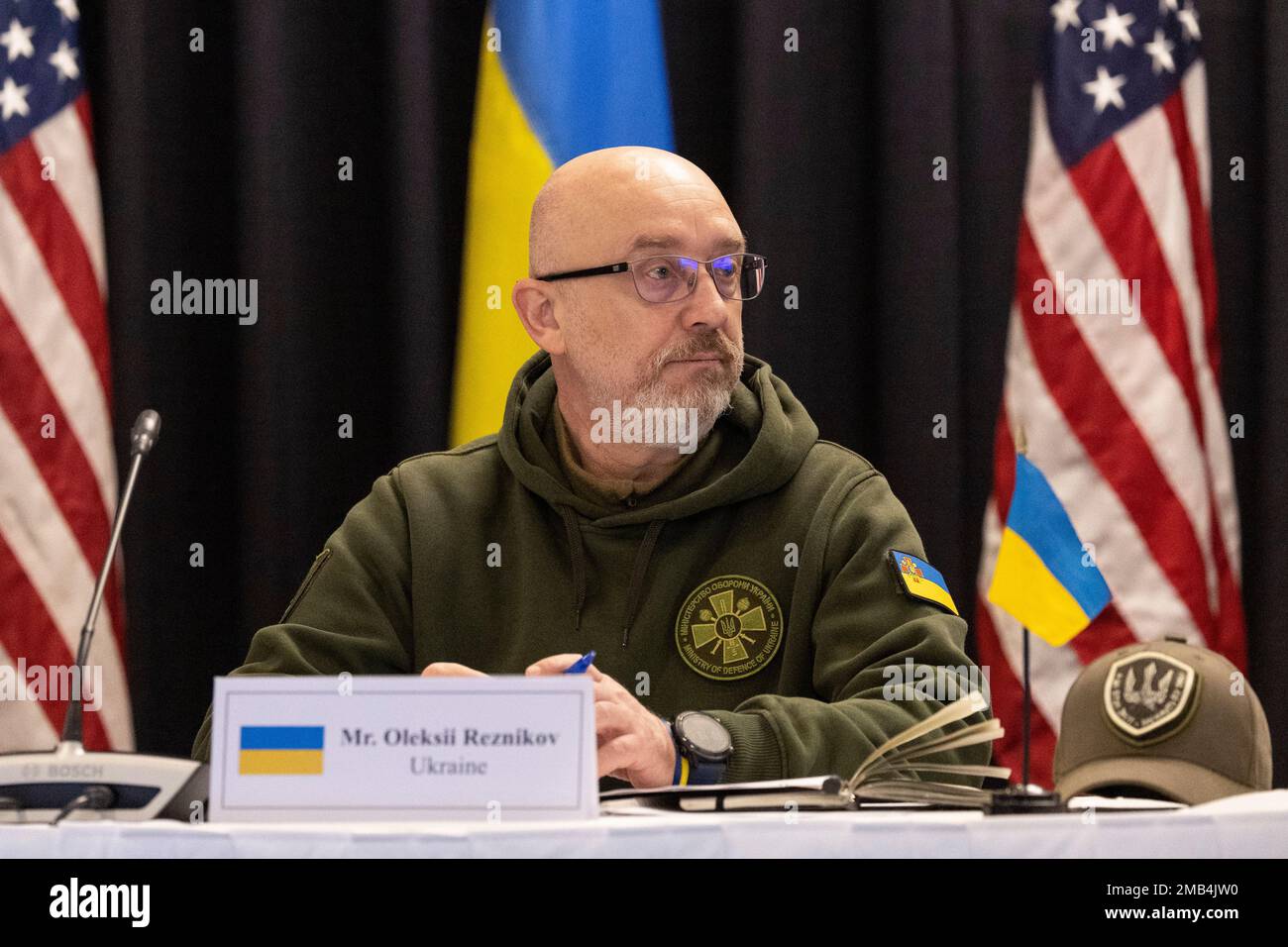 Ramstein, Germania. 20th Jan, 2023. Il Ministro della Difesa ucraino Olexiy Resnikov alla conferenza. Credit: Hannes P. Albert/dpa/Alamy Live News Foto Stock