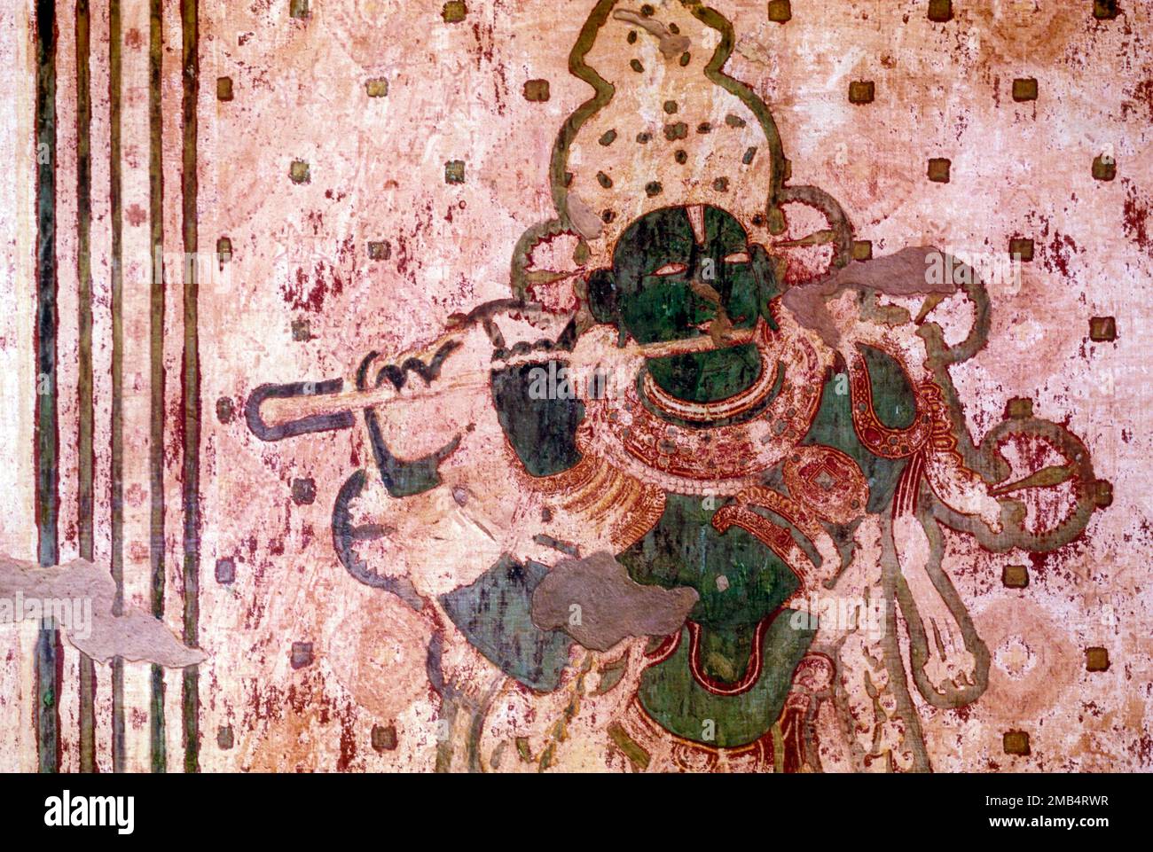 Murales del 18th ° secolo nel palazzo Krishnapuram a Kayamkulam, Kerala, India, Asia. Krishna, Venugopala, flauto, Signore, Dio, Pittura, parete, Vecchio Foto Stock