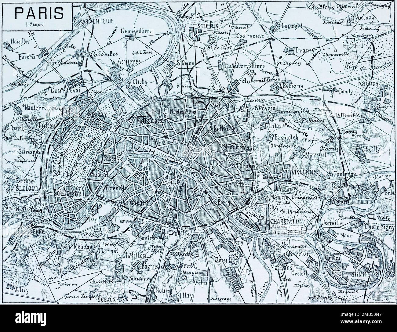 220, 000, quartieri, Montmartre, Senna, Cartografia, tratteggio, linea ferroviaria, città di Parigi, Francia, mappa della città e dintorni Foto Stock