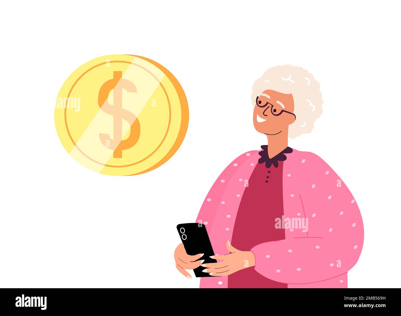 Vecchio sguardo del carattere della donna ritirata sullo schermo dello smartphone con il segno del dollaro Bubble.trasferimento di denaro in linea,detrazioni di pensione,conto di risparmio mobile,g Foto Stock