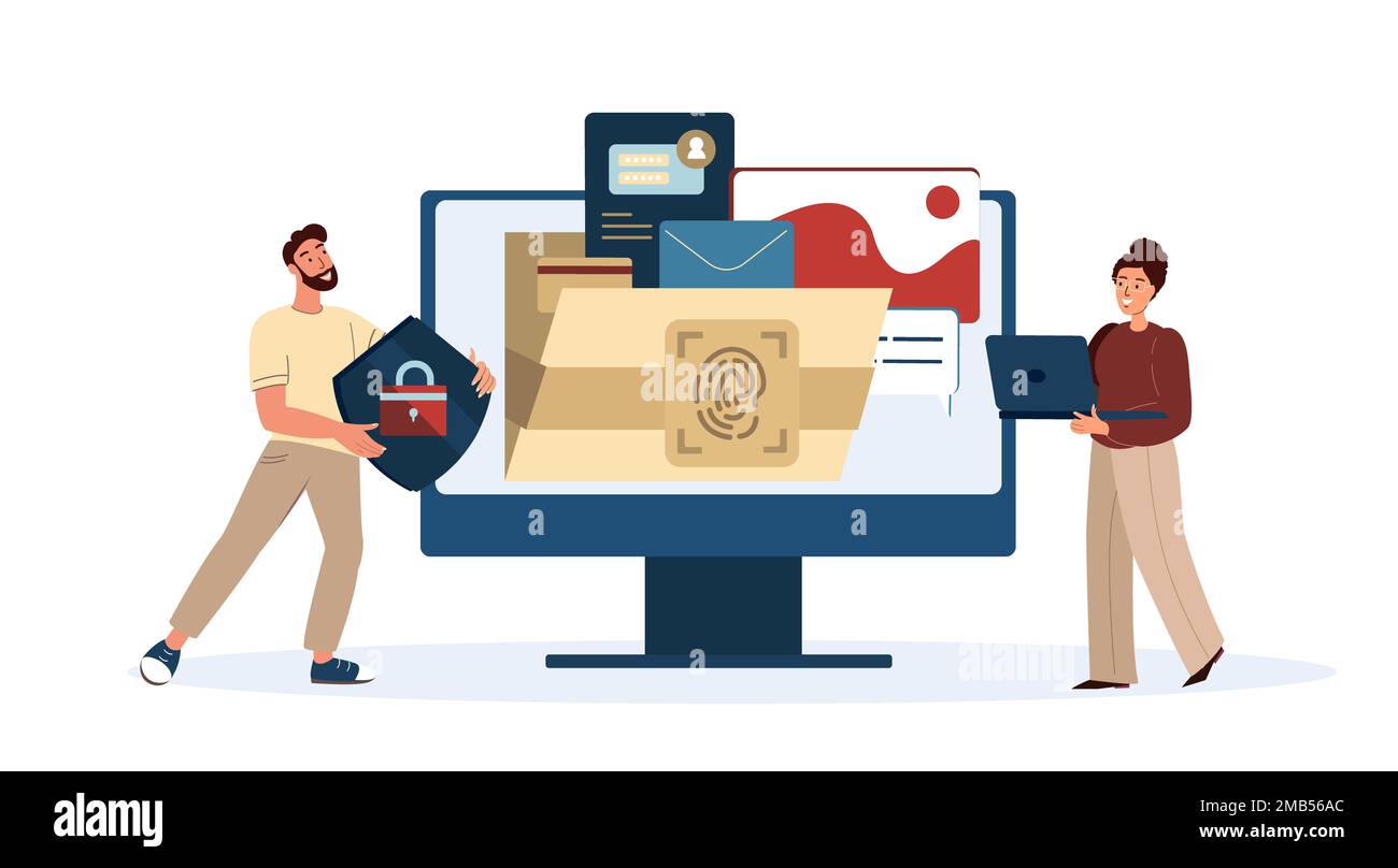 Le persone proteggono enormi informazioni sulla cartella del computer con Lock System, sicurezza dei dati, riservatezza dei documenti, file di foto, Docs Stack.Fingerprint, Biometrics Secure Foto Stock