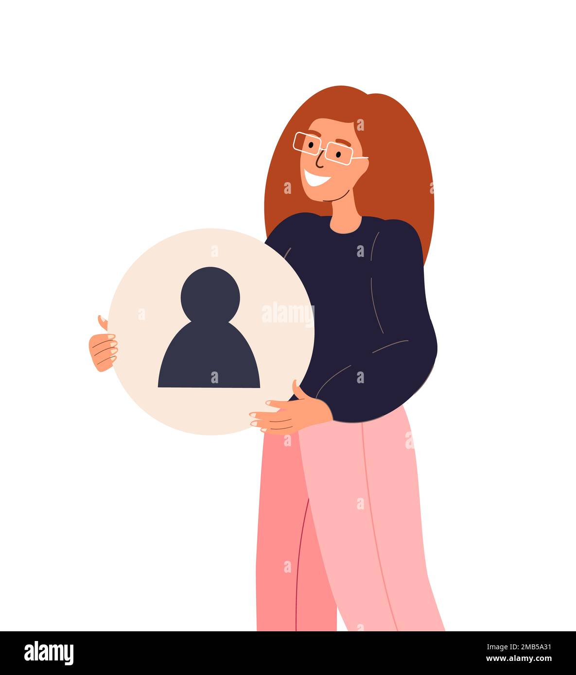 Web Designer Woman holding icona avatar elemento di pagina personale sito web, applicazione creativa, UX design di mobile Messenger app, Site.Digital chat appl Foto Stock