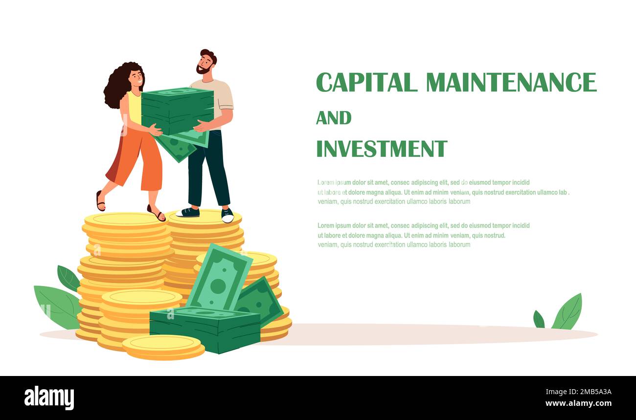 Landing Page Template.People personaggi Stand su enorme pila di monete d'oro, denaro Cash.Apply per prestito, ricchi, Finace Development, Wealth Concept.Investment Foto Stock