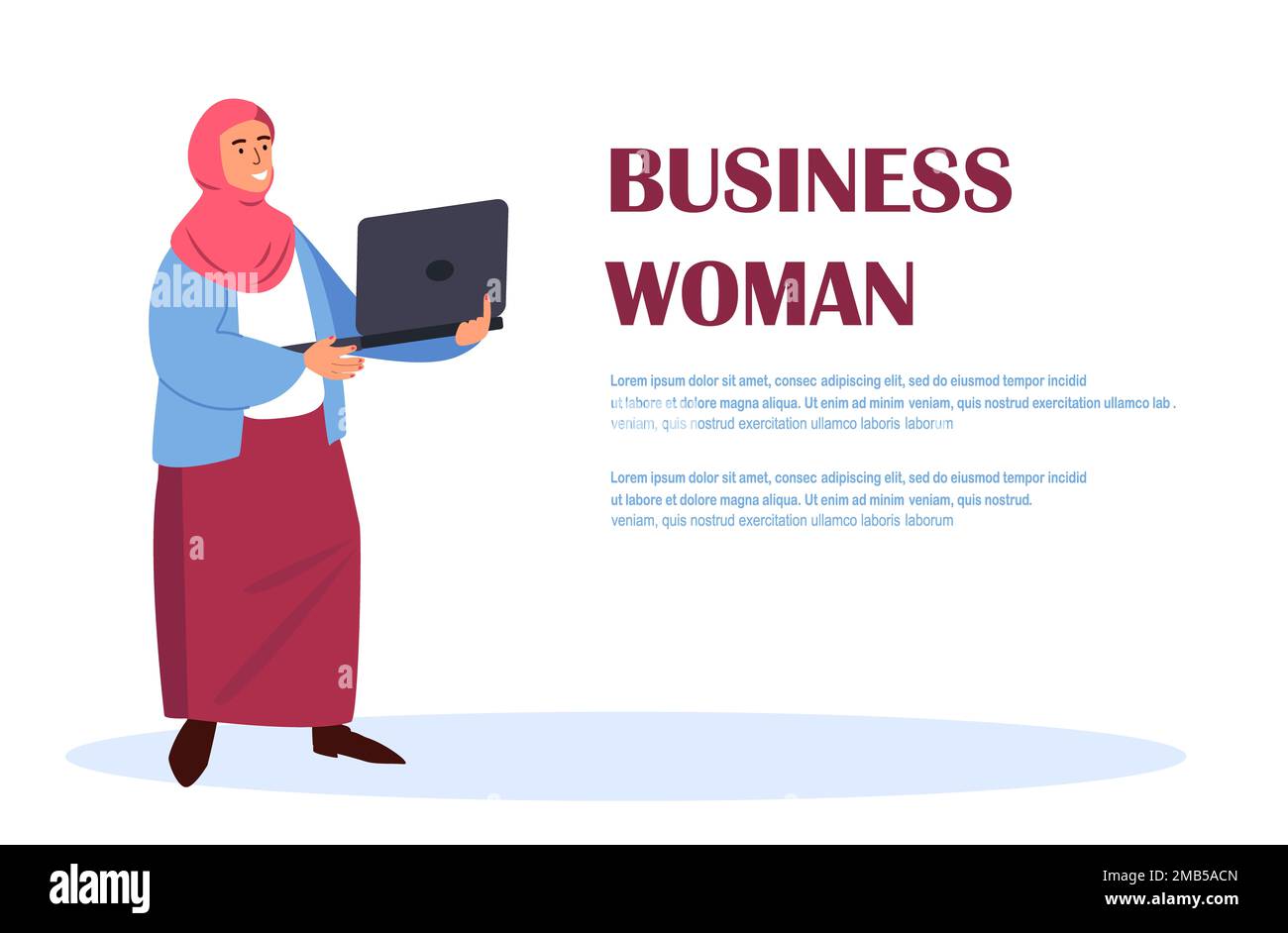 Modello di pagina di destinazione sul luogo di lavoro per le differenze di genere. Donna araba da lavoro con notebook in mano. Personaggio femminile arabo vestito in Hijab tradizionale e. Foto Stock