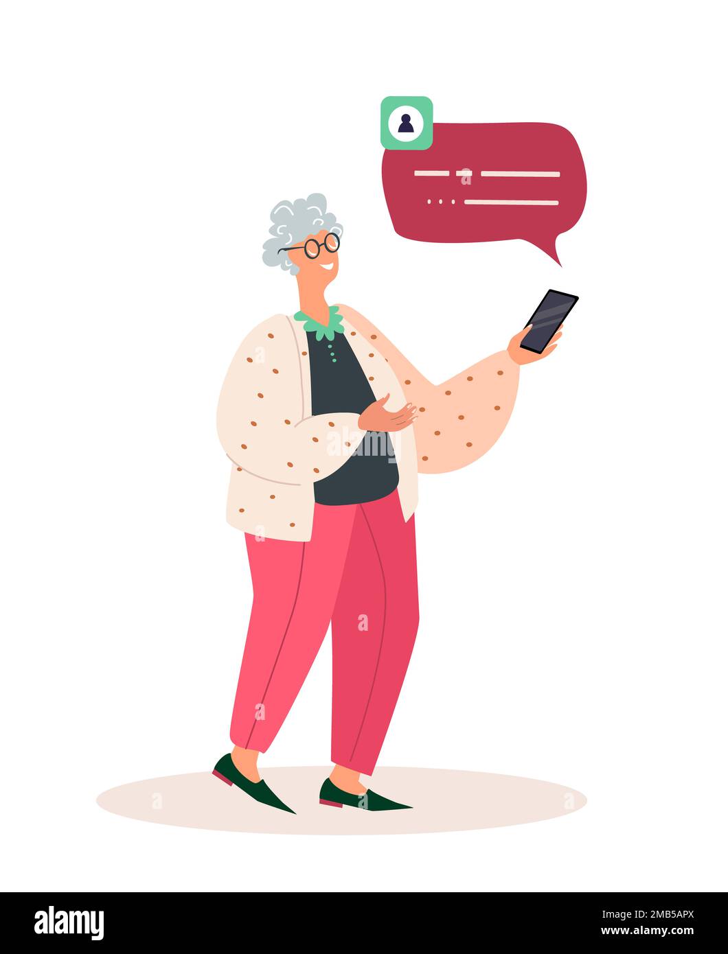 Donna in pensione parla da cellulare Landing Page Template. La donna anziana comunica nei social network. Senior Character Browsing Internet, messaggistica Foto Stock