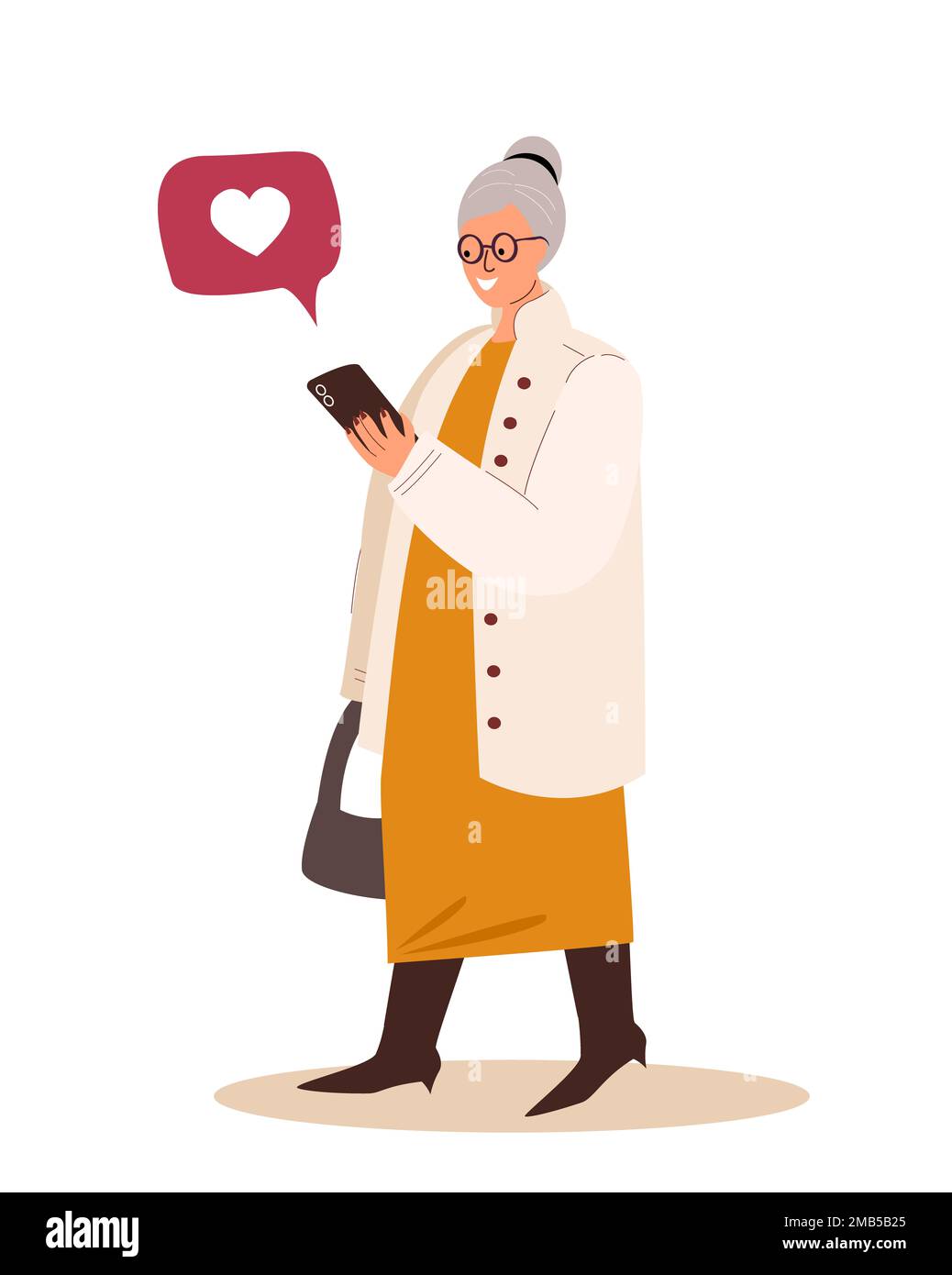 Donna in pensione parla da cellulare Landing Page Template. La donna anziana comunica nei social network. Senior Character Browsing Internet, messaggistica Foto Stock