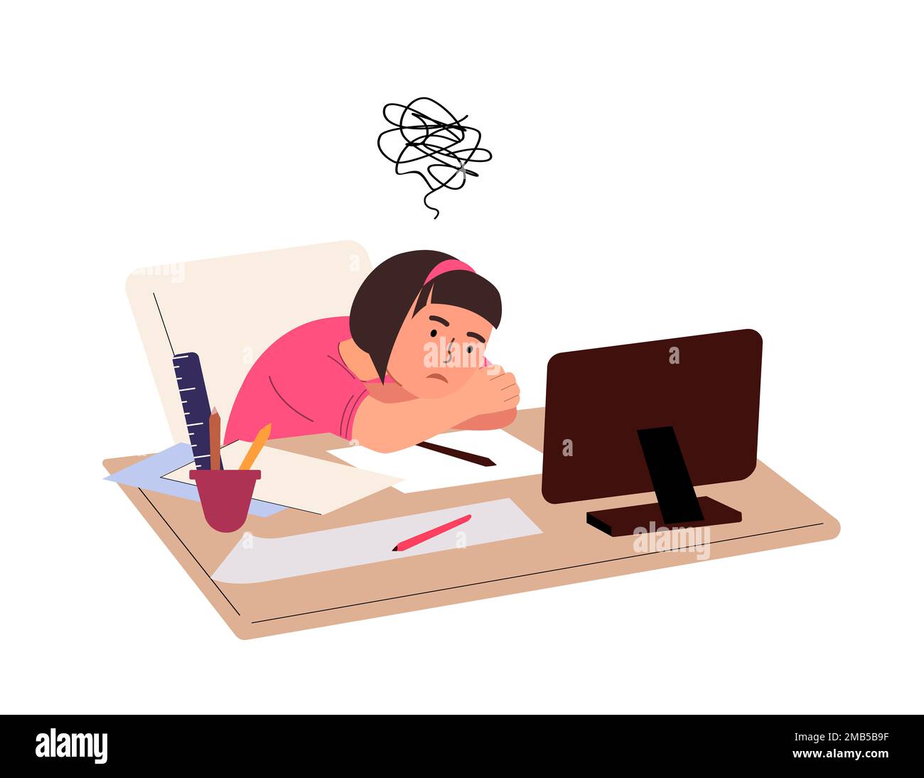 Stanco ragazza pupilla sovraccarica si siede triste e studiando.esausto bambino fatica, testa sovraccarico stanco, sedersi alla scrivania del computer, sovraccaricato di scuola, copybooks.Flat Foto Stock