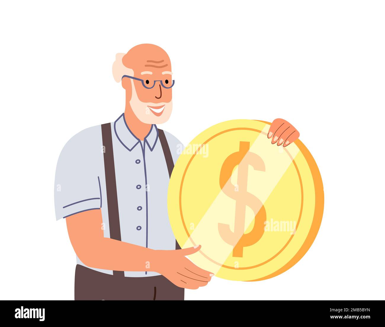 Felice sorridente Senior carattere maschile Holding enorme Golden Coin.Concept di ricchezza finanziaria, accumulo di denaro, risparmio pensione, pensionamento ricco, gioioso Foto Stock