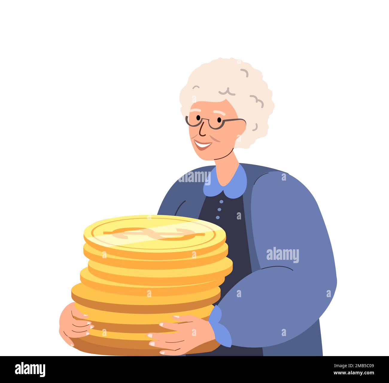Donna anziana felice, femmina carattere tenere enorme pila di Golden Coins.Concept di ricchezza finanziaria, accumulazione di soldi, risparmio di pensione, pensionamento ricco, J Foto Stock