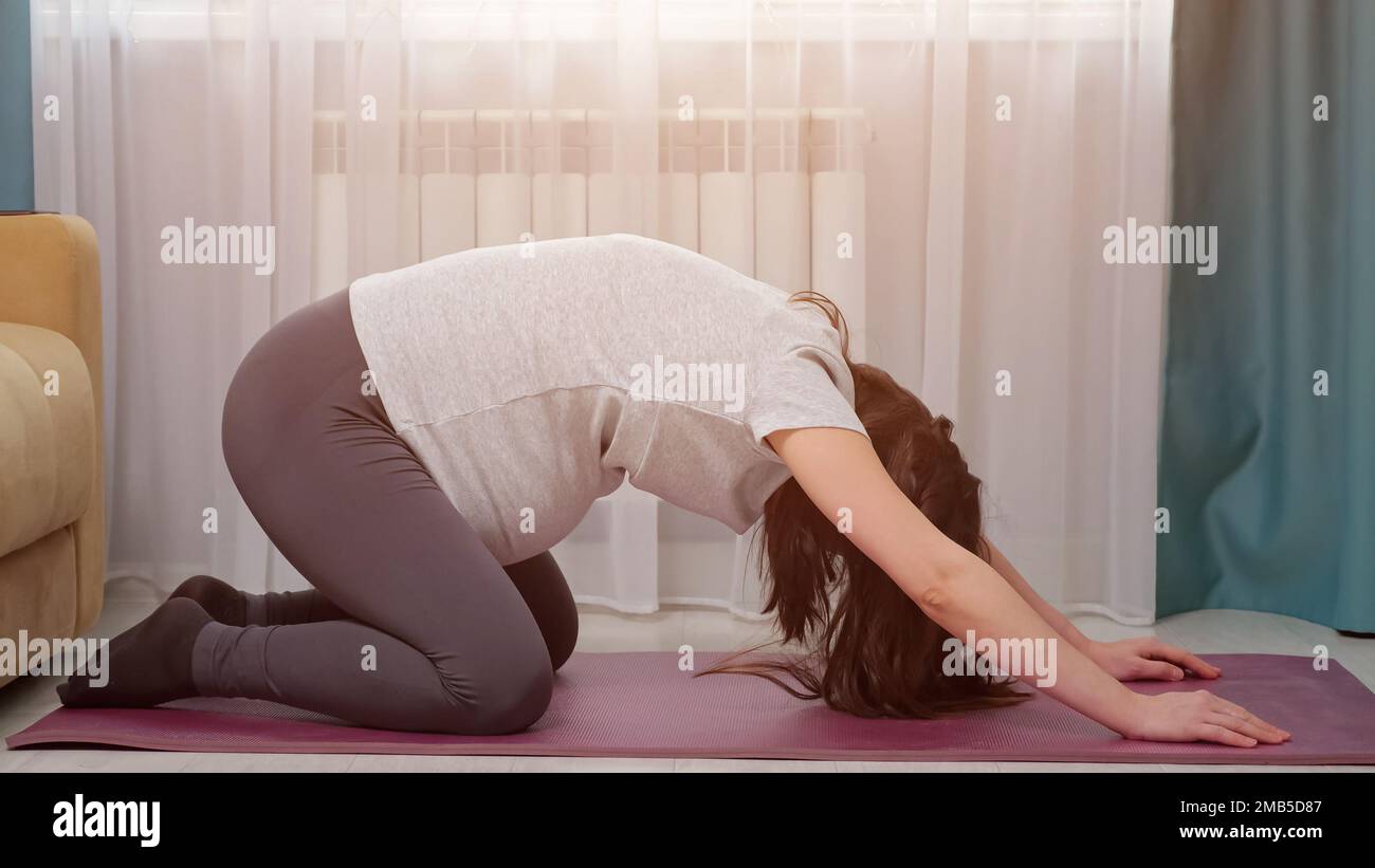 Donna incinta ama pilates e si prende cura di salute Foto Stock