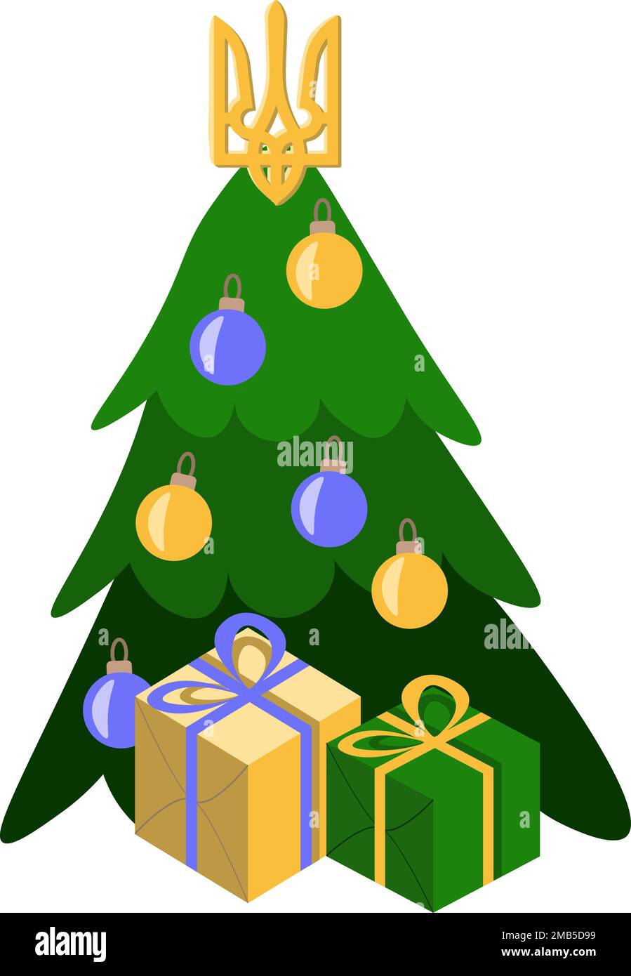 Composizioni di festa con regali di Natale e albero di Natale colori bandiera Ucraina Illustrazione Vettoriale
