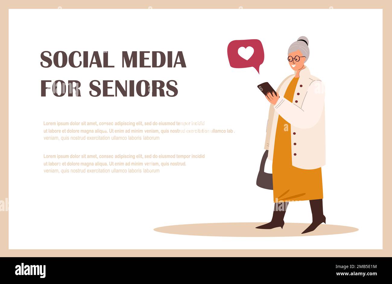 Donna in pensione parla da cellulare Landing Page Template. La donna anziana comunica nei social network. Senior Character Browsing Internet, messaggistica Foto Stock