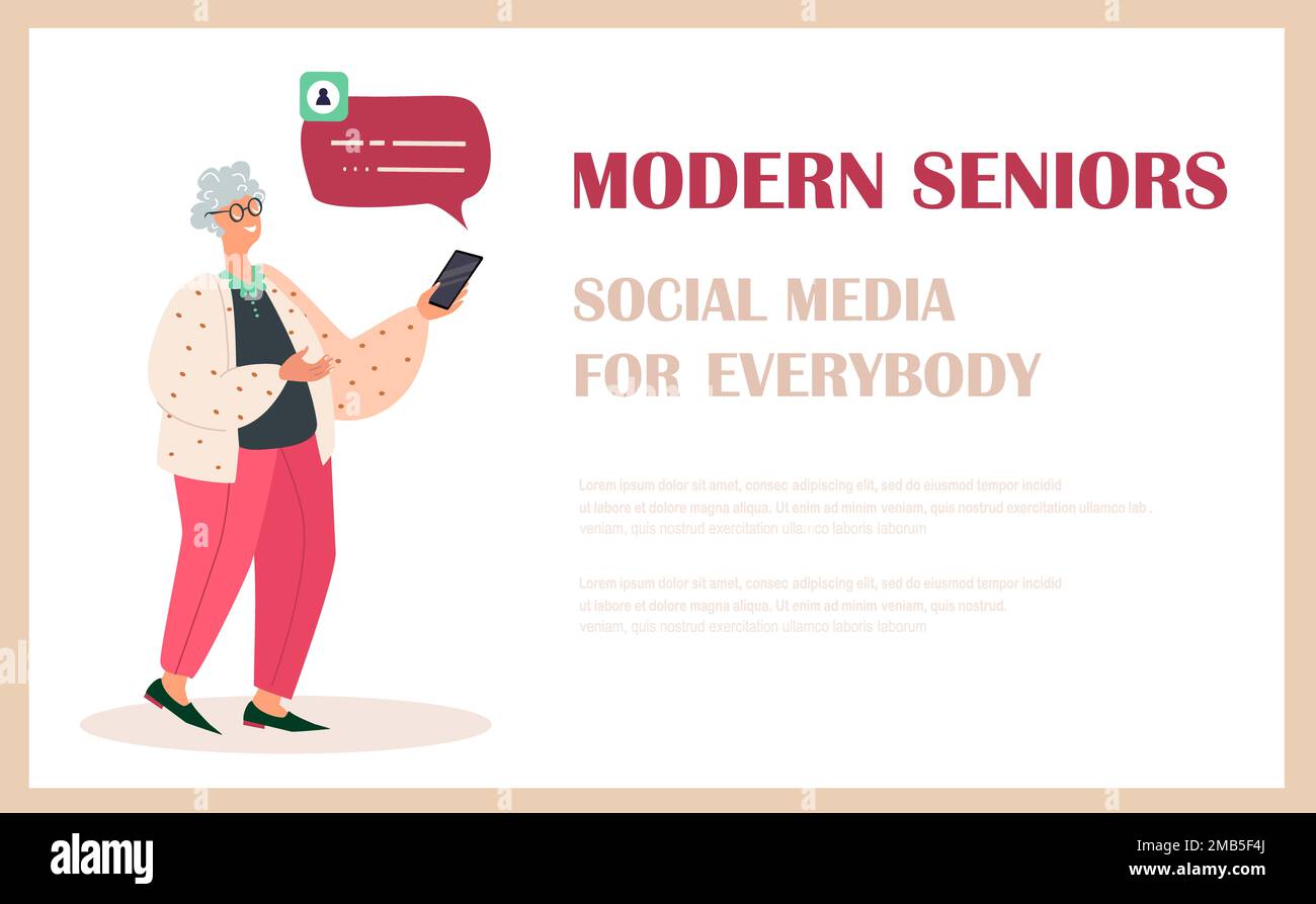 Donna in pensione parla da cellulare Landing Page Template. La donna anziana comunica nei social network. Senior Character Browsing Internet, messaggistica Foto Stock