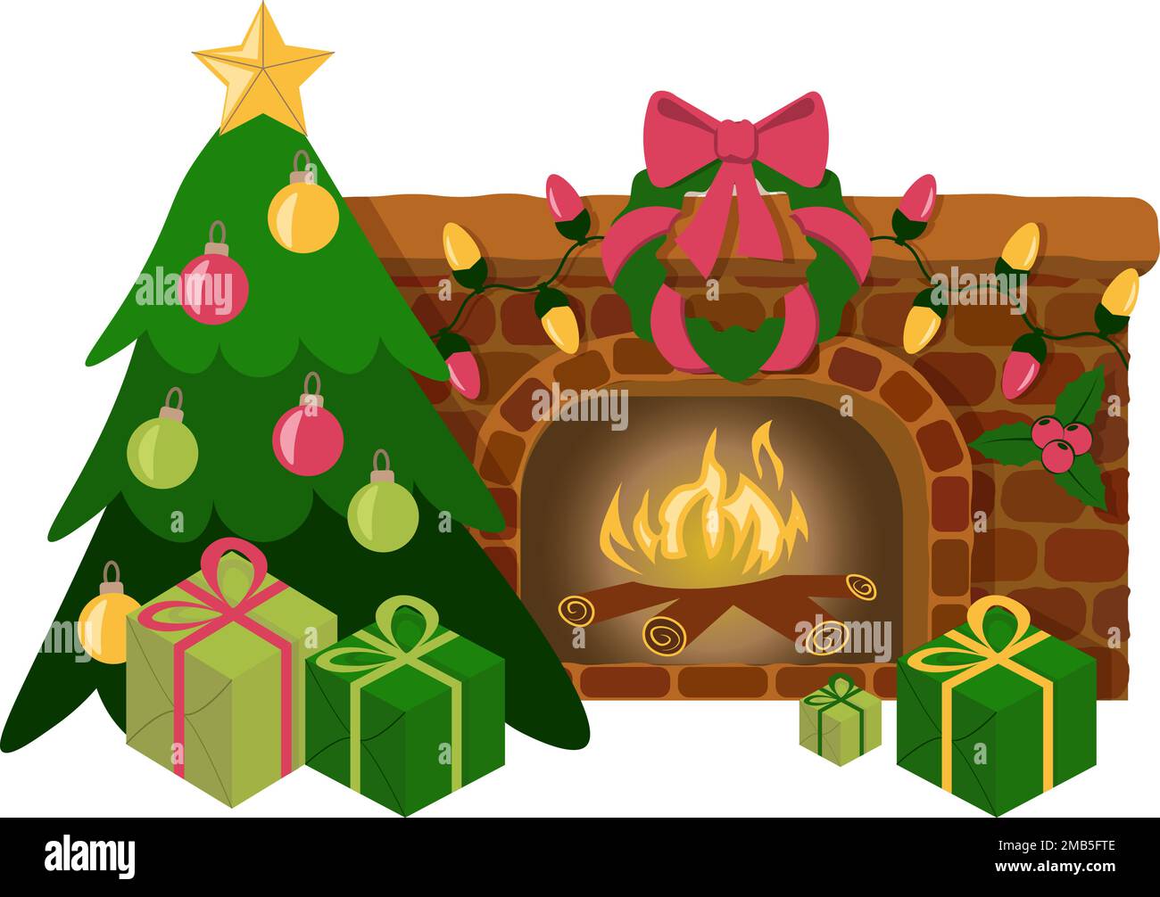 Composizioni natalizie con camino e albero di Natale su sfondo trasparente Illustrazione Vettoriale