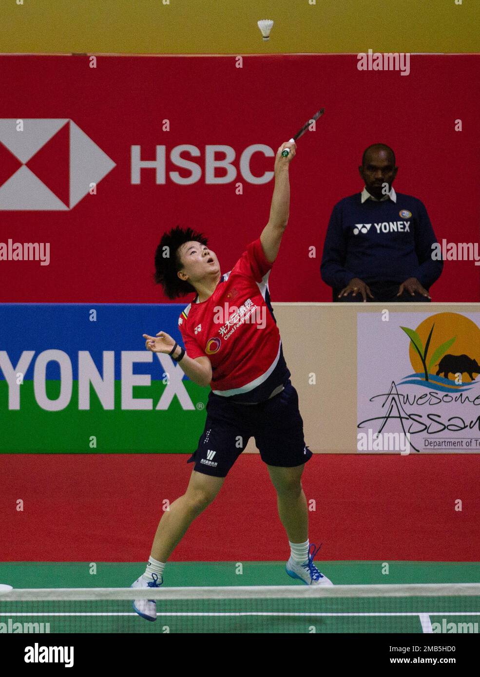 Nuova Delhi, India. 20th Jan, 2023. He Bingjiao della Cina compete durante le quarti di finale femminili contro Zhang Beiwen degli Stati Uniti al torneo di badminton dell'India Open 2023 a Nuova Delhi, India, 20 gennaio 2023. Credit: Javed Dar/Xinhua/Alamy Live News Foto Stock