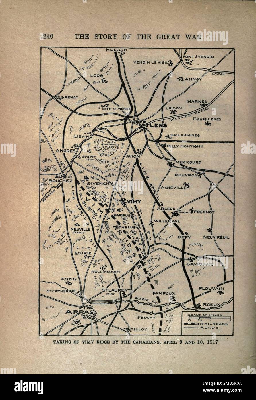 PRESA DELLA CRESTA DI VIMY DA PARTE DEI CANADESI, 9 E 10 APRILE 1917 dal libro la storia della grande guerra; la documentazione storica completa degli eventi fino ad oggi DIPLOMATICI E DOCUMENTI DI STATO di Reynolds, Francis Joseph, 1867-1937; Churchill, Allen Leon; Miller, Francis Trevelyan, 1877-1959; Wood, Leonard, 1860-1927; Knight, Austin Melvin, 1854-1927; Palmer, Frederick, 1873-1958; Simonds, Frank Herbert, 1878-; Ruhl, Arthur Brown, 1876- Volume VI pubblicato nel 1920 Foto Stock