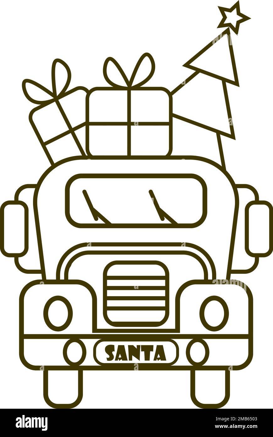 Babbo Natale porta con sé i suoi regali di auto rossa e la vista laterale dell'albero di Natale Illustrazione Vettoriale