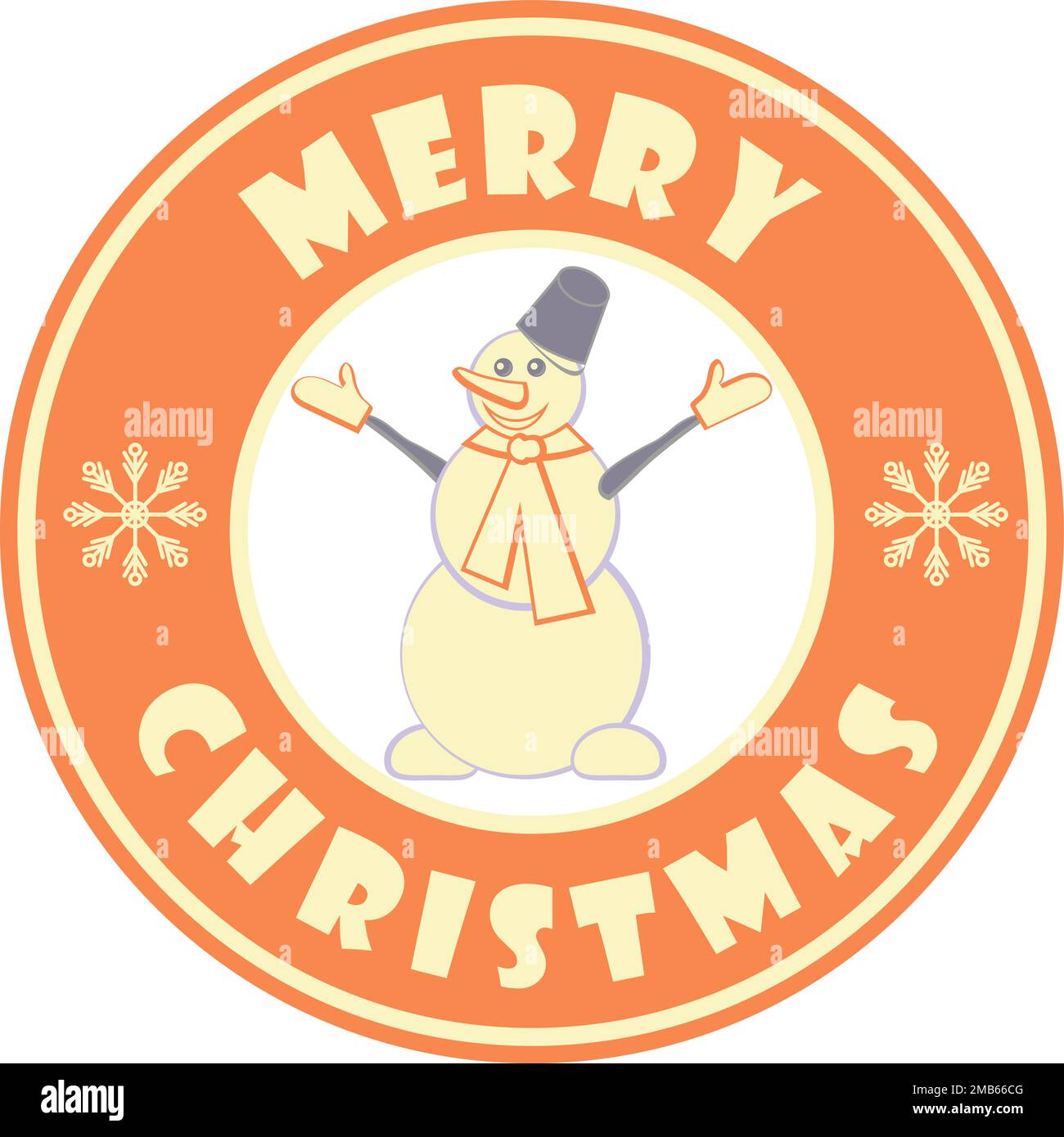 Carino cerchio badge con pupazzo di neve e testo di saluto Merry colore rosso Natale Illustrazione Vettoriale