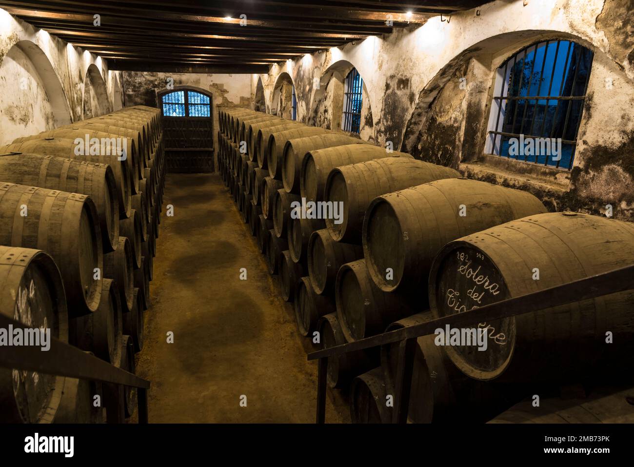 Barili di sherry immagazzinati in una cantina scura e fredda di Bodegas Gonzalez Byass, Jerez de la Frontera, Spagna. Foto Stock