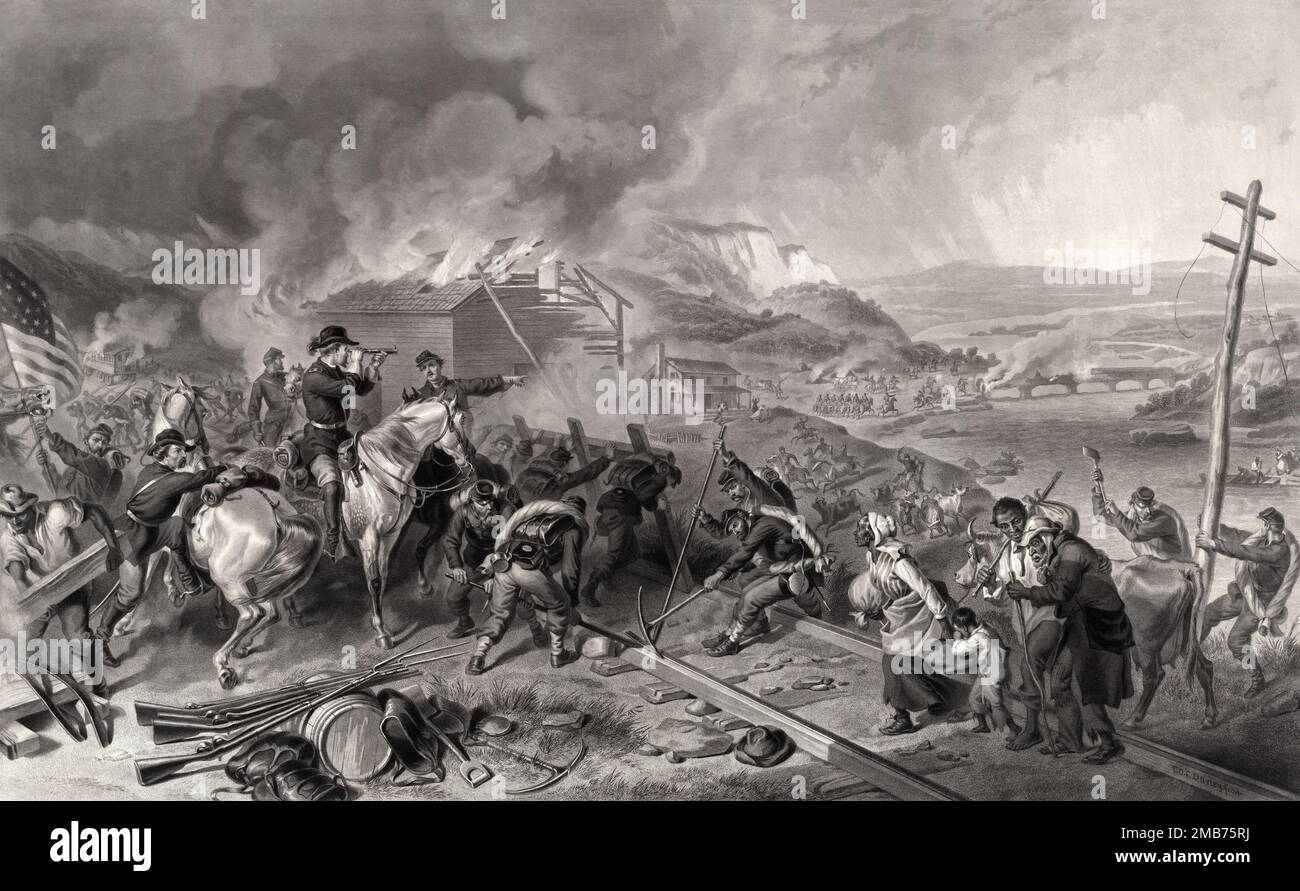 Un'incisione del 1868 di Alexander Hay Ritchie raffigurante la marcia al mare. Il generale Sherman è mostrato sulla sinistra a cavallo, rilevando la scena attraverso un campo di avvistamento tenuto a mano. Una famiglia di schiavi liberati gli si avvicina da destra, mentre un altro liberista a sinistra porta via un legame ferroviario. Foto Stock