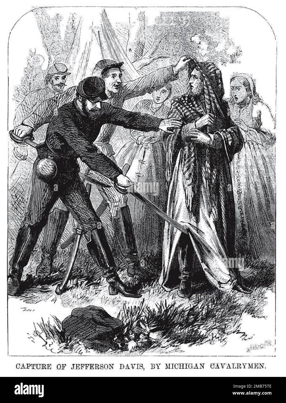 Illustrazione della cattura di Davis di John Barber e Henry Howe (1865). Dopo la sconfitta della confederazione Davis fu catturato indossando un mantello impermeabile con un cappuccio, che portò alle voci e ai cartoni animati come questo, che aveva cercato di fuggire nei vestiti delle donne. Foto Stock
