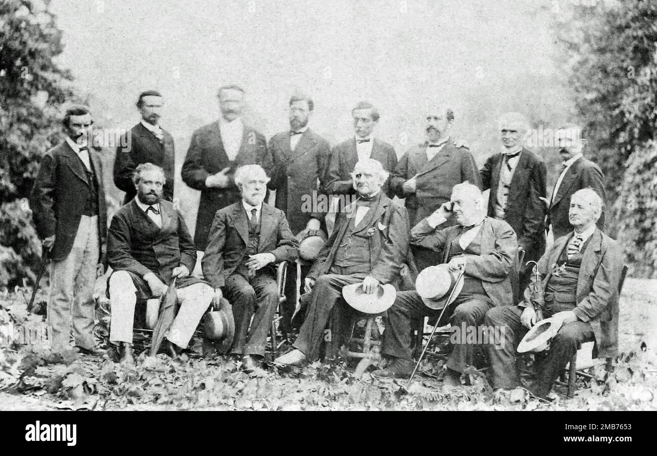 Il generale Robert E. Lee e i suoi ufficiali confederati nella loro prima riunione da Appomattox, agosto 1869. Foto Stock