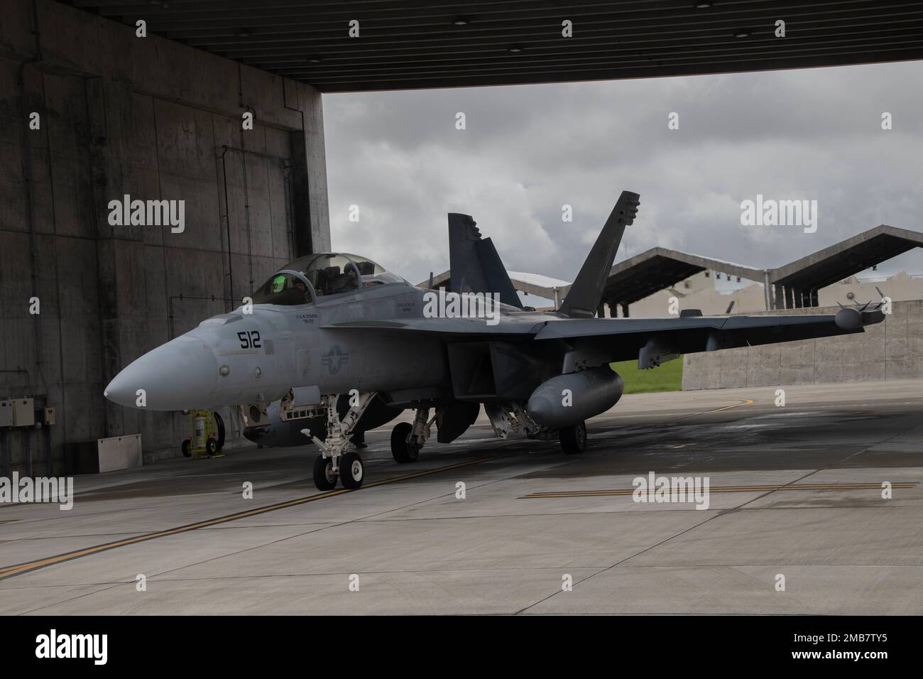 NEGLI STATI UNITI Navy e/A-18G Growler Aircraft assegnato a Electronic Attack Squadron 138 si prepara a partire da un hangar gestito da Marine Wing Liaison Kadena (MWLK) per l'addestramento di forze congiunte presso la base dell'aeronautica militare di Kadena, Okinawa, Giappone, 13 giugno 2022. MWLK fornisce supporto operativo e logistico completo agli Stati Uniti locali e distribuiti Marine Corps e U.S. Squadroni della Marina che operano alla base aerea di Kadena. Foto Stock